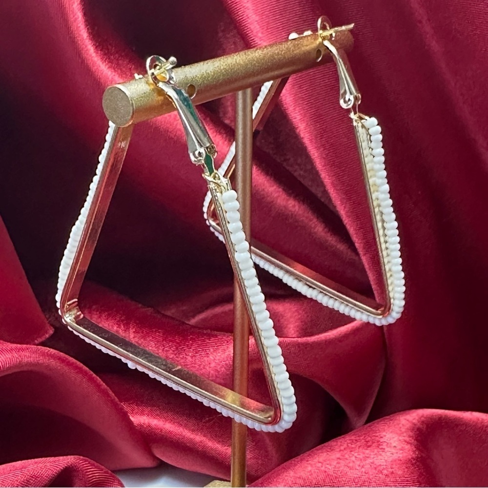White Beaded Triangle Hoop Earrings | Bold Geometric Statement Jewelry | NWT - Picture 6 of 11